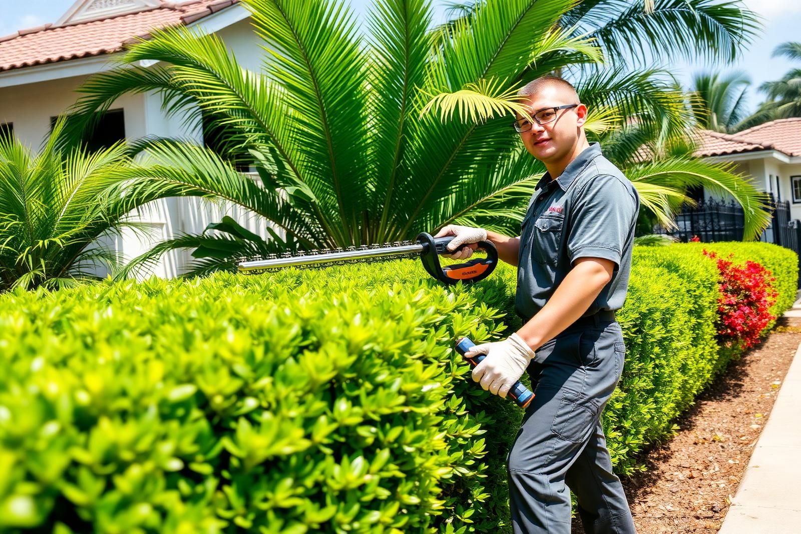 Paysagiste entretenant un jardin tropical